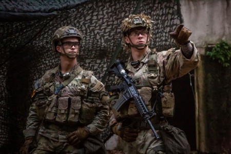 Sgt. Jake Phillips, a native of West Chester, Pennsylvania, and Spc. Chancellor McGuire, a native Georgetown, Texas, representing the U.S. Army Special Operations Command, prepare to evacuate a casualty during the 2023 Army Best Squad Competition...