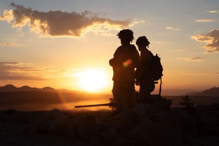 U.S. Soldiers assigned to 299th Brigade Engineer Battalion, 1st Stryker Brigade Combat Team, 4th Infantry Division observe for simulated enemy movement during Decisive Action Rotation 23-10 at the National Training Center, Fort Irwin, Calif., Sep....