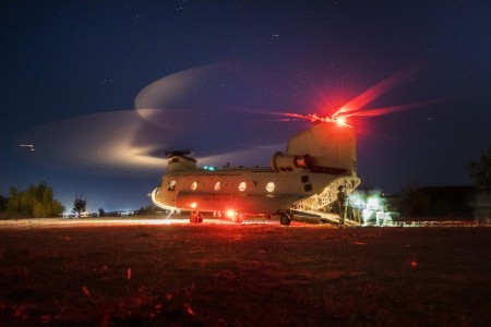 A CH-47 Chinook Helicopter lands at the Best Warrior competition, Fort Carson, Colorado, Oct. 20, 2023. The top-tier competitors from the Colorado Army National Guard will earn the title of Noncommissioned officer or Soldier of the Year and move...