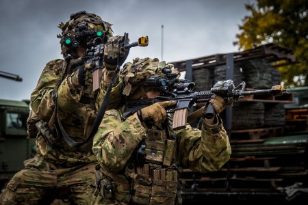 Army Spc. Alex Moore, left, and Army Spc. Tristan Jennings, assigned to the 101st Airborne Division, scan their sectors for opposing forces during Combined Resolve 24-01 at the Joint Multinational Readiness Center near Hohenfels, Germany, Oct. 27,...