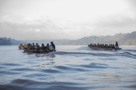 U.S. and Brazilian Army Soldiers move south along the Oyapock River during Exercise Southern Vanguard 24 in Oiapoque, Brazil, on Nov. 12, 2023. Southern Vanguard is an annual exercise at the operational and tactical levels to increase...