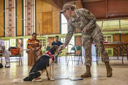Army Capt. Ashley Kotran conducts canine training during Pacific Partnership 2023 in Tonga, Nov. 17, 2023. Pacific Partnership is the largest annual multinational humanitarian assistance and disaster relief preparedness mission conducted in the...