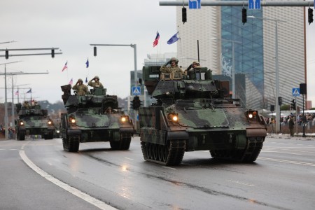 U.S. Army M2 Bradley Fighting vehicles from 3rd Battalion, 67th Armored Regiment, 2nd Armored Brigade Combat Team, 3rd Infantry Division parade through the streets of Vilnius, Lithuania, Nov. 25, 2023. Elements from 1st Battalion, 9th Field...