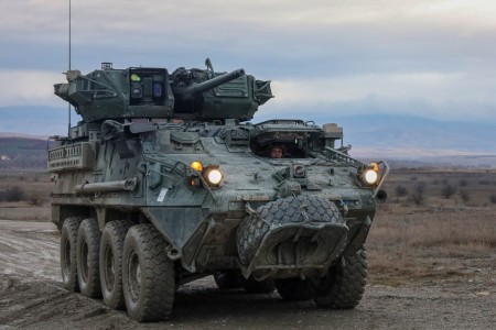 A U.S. Army armored personnel vehicle, infantry fighting vehicle, “Stryker” maneuvers in Krivolak Training Area, Republic of North Macedonia, Dec. 7, 2023. Brave Partner is a U.S. Army Europe and Africa scheduled, directed, and led short...