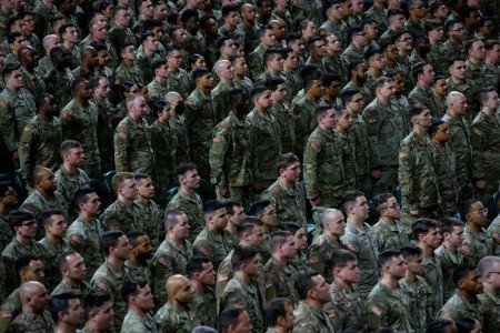 U.S. Army Soldiers with the 44th Infantry Brigade Combat Team, New Jersey Army National Guard, stand in formation during the 44th IBCT’s farewell ceremony at the Cure Insurance Arena, Trenton, New Jersey, Jan. 14, 2024. More than 1,500 NJARNG...