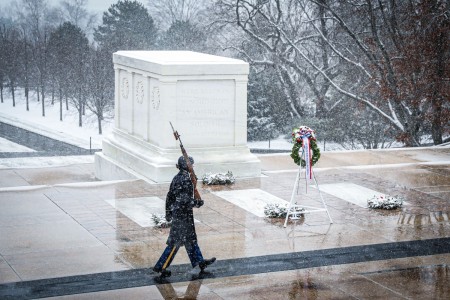 U.S. Army Soldiers with the 4th Battalion, 3d U.S. Infantry Regiment (The Old Guard) conduct walks at The Tomb of the Unknown Soldier in Arlington National Cemetery, Virginia on Jan. 15, 2024.