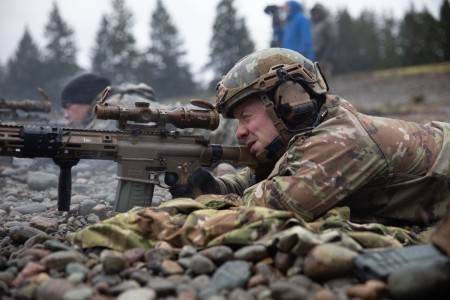 U.S. Army Ranger Sgt. 1st Class Tylor Anderson, an infantry platoon sergeant with Alpha Company, 1st Battalion, 161st Infantry Regiment, 81st Stryker Brigade Combat Team Washington National Guard, shoots his M110A1 Squad Designated Marksman Rifle...