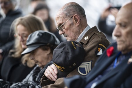 Darrell Bush, 99, a former U.S. Army Staff Sergeant and a WWII veteran of the Battle of the Bulge, attends a ceremony commemorating the 79th anniversary of the Battle of the Bulge at the Battle of the Bulge Memorial in Section 21 of Arlington...