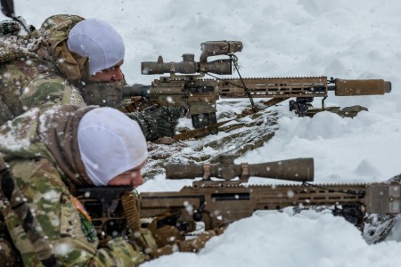 U.S. Paratroopers from Blackfoot Company, 1st Battalion, 501st Parachute Regiment, 2nd Infantry Brigade, 11th Airborne Division give a demonstration of sniper rifle marksmanship training on M110A1 Compact Semi-Automatic Sniper Systems to Japanese...