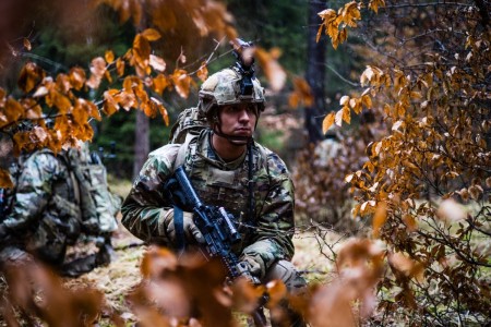 Spc. Christopher Condran attached to 2nd Cavalry Regiment, 2nd squadron, secures the perimeter during a Simulated Training Exercise held by 2CR at Vilseck, Germany, Feb. 7, 2024. During the STX Soldiers engage in platoon-level training within...