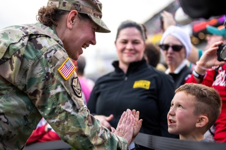 Chief of Army Reserve Lt. Gen. Jody Daniels greets fans along the sideline of the field during the NFL Pro Bowl in Orlando, Fla., February 4, 2024. The NFL thanked the first woman to become Chief of Army Reserve for her 40 years of service and...
