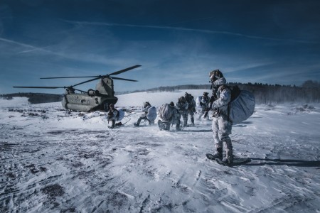 A group of Green Berets assigned to 10th Special Forces Group (Airborne) return to base after completing their first reconnaissance mission during Cold Weather Training in the mountains of Colorado, Jan. 16, 2024. During their CWT, these Green...