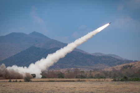 High Mobility Artillery Rocket Systems (HIMARS) with the 1-94th Field Artillery, 17th Field Artillery Brigade, fire missiles at simulated targets during exercise Cobra Gold 2024 on a range near Lop Buri, Thailand, March 4, 2024. HIMARS are a...