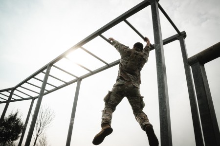 A U.S. Army paratrooper assigned to 2nd Battalion, 503rd Infantry Regiment, 173rd Airborne Brigade overcomes an obstacle during the SETAF-AF Best Squad Competition at Caserma Del Din, Vicenza, Italy, March 13, 2024. Throughout the eight-day event,...