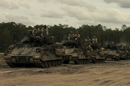 A group of M2A4 Bradley Fighting Vehicles, assigned to 1st Armored Brigade Combat Team, 3rd Infantry Division, prepare for a convoy during a situational training exercise during Marne Focus 2024, at Fort Stewart, Georgia, April 9, 2024. This...