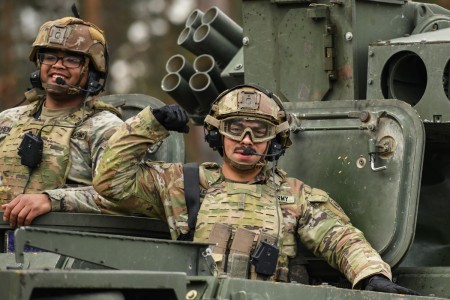 A U.S. Soldier, assigned to Quickstrike Troop, 4th Squadron, 2nd Cavalry Regiment, shows his motivation after a successful tube-launched, optically-tracked, wireless-guided weapon system live fire exercise at the 7th Army Training Command&#39;s...