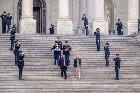 A military body bearer team carries an urn with the cremated remains of Col. Ralph Puckett, Jr., the last living Korean War Medal of Honor recipient, down the steps of the U.S. Capitol, April 29, 2024. The U.S. Army veteran passed away April 8,...