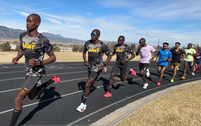 Army Spc. Benard Keter, Staff Sgt. Leonard Korir and Sgt. Anthony Rotich, World Class Athlete Program, lead a team of elite runners in 4 X 400-meter drills during training near Fort Carson, Colorado. They&#39;re hoping to make the U.S. Olympic...