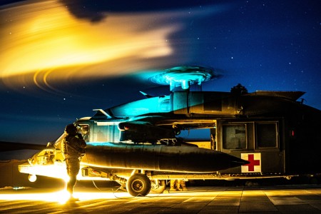 Charlie Company &#34;DUSTOFF&#34;, 3-82 General Support Aviation Battalion, 82nd Combat Aviation Brigade, 82nd Airborne Division prepare and take off for a night flight on May 12, 2024. DUSTOFF utilizes the HH-60M to conduct medical evacuations.