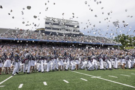 Cadets of the United States Military Academy at West Point throw their hats into the air during the graduation ceremony for the class of 2024 at Michie Stadium. West Point, New York, May 25, 2024.