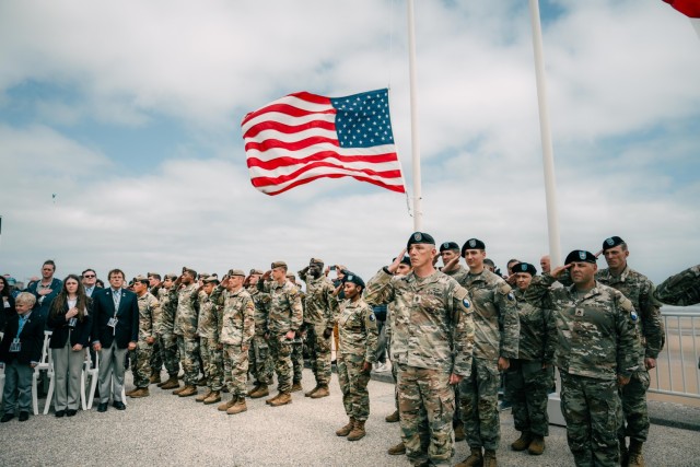 U.S. Army Soldiers, stand at parade rest during a ceremony in Normandy, France, June 2, 2024. This year marks the 80th anniversary of Operation Overlord.