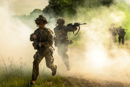 U.S. Soldiers assigned to the 101st Airborne Division run for cover during Exercise Combined Resolve 24-02 at the Hohenfels Training Area, Joint Multinational Readiness Center, Germany, June 5, 2024....