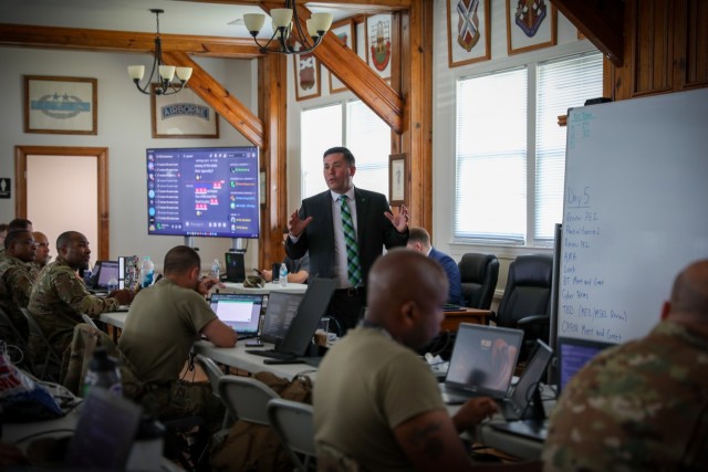 Dj Hovermale (right), Erudio Corp’s chief visionary officer, teaches the Certified Cyber Exercise Assessor Course during the annual Cyber Shield training event held at the Virginia National Guard’s State Military Reservation in Virginia Beach...