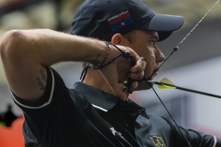 U.S. Army Staff Sgt. John Britton competes in the archery event during the 2024 Department of Defense Warrior Games at the ESPN Wide World of Sports Complex in Orlando, Florida, June 26, 2024. Service members and veterans from the Army, Air Force,...
