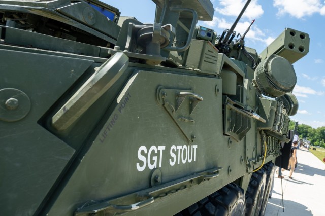 Sgt. Stout M-SHORAD (Maneuver Short-Range Air Defense) Stryker combat vehicle at the National Museum of the U.S. Army, Fort Belvoir, Va., June 15, 2024. The M-SHORAD uses the M-1126 Stryker combat vehicle as its chassis. The M-SHORAD&#39;s...